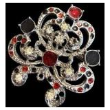 Vintage Silver Tone Brooch with Red, Black & Clear Stones