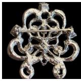 Vintage Silver Tone Brooch with Red, Black & Clear Stones