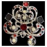 Vintage Silver Tone Brooch with Red, Black & Clear Stones