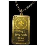 Ross-Simons Italian 24kt Yellow Gold Fleur-De-Lis Five-Gram Ingot Pendant Necklace -14kt Gold Frame