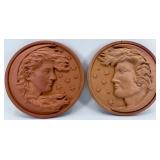 Pair of 15-Inch Round Terracotta Wall Plaques - Man in the Moon Motif