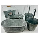 Galvanized Metal Buckets & Caddy Set with Bird Accent