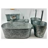 Galvanized Metal Buckets & Caddy Set with Bird Accent