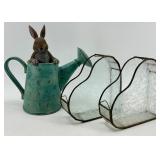 Vintage Rabbit in Watering Can & Frosted Glass Heart Containers (Lot of 3)