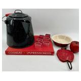 Speckled Enamel Black Tea Pot with Red Handle - Cogniat Impressions Book & Ceramic Bowl with Apple Accent Pieces
