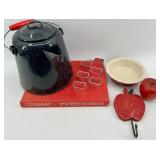 Speckled Enamel Black Tea Pot with Red Handle - Cogniat Impressions Book & Ceramic Bowl with Apple Accent Pieces