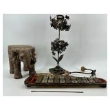 Decorative Metal Tree Sculpture, Elephant Display Stand, Wall Hook and Antique Xylophone