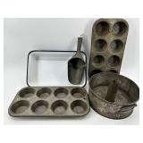 Vintage Enamel Bakeware Pan Set - Muffin Tins, Angel Food Pan & Scoop
