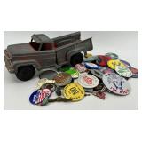 Hubley Toy Dump Truck Lancaster PA Made in USA with Assorted Pin Back Badges