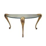 Gilded Glass-Top Console Table with Ornate Leaf Motif and Curved Legs