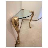Gilded Glass-Top Console Table with Ornate Leaf Motif and Curved Legs