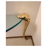 Gilded Glass-Top Console Table with Ornate Leaf Motif and Curved Legs