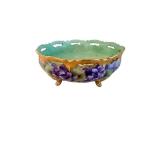 Footed Floral Majolica Bowl - Green Interior and Purple Flowers - MR Mark