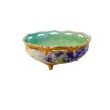 Footed Floral Majolica Bowl - Green Interior and Purple Flowers - MR Mark