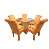 Glass-Top Round Dining Table with 5 Upholstered Chairs - 53 1/2 Inch Diameter