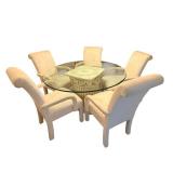 Glass-Top Round Dining Table with 5 Upholstered Chairs - 53 1/2 Inch Diameter