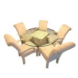 Glass-Top Round Dining Table with 5 Upholstered Chairs - 53 1/2 Inch Diameter