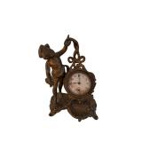 Antique Cast Metal Mantel Clock with Dog Statue and Floral Scrollwork