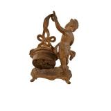 Antique Cast Metal Mantel Clock with Dog Statue and Floral Scrollwork