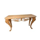 61 x 20 x 35 Faux Stone-Top Table with Ornate Carved Leaf Motif