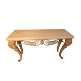 61 x 20 x 35 Faux Stone-Top Table with Ornate Carved Leaf Motif