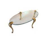 Oval Glass Coffee Table with Brass Leaf Motif Legs - 51 x 25 x 15 Inches
