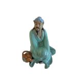 Ceramic Seated Scholar Figurine - Turquoise Glaze