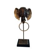 21-Inch Elephant Head Sculpture on Metal Rod Stand with Ring and Wood Base
