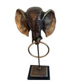 21-Inch Elephant Head Sculpture on Metal Rod Stand with Ring and Wood Base