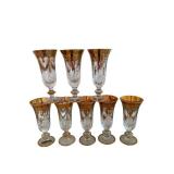 Amber Glass Goblets with Gold Trim and Etched Pattern - 7 1/2 Inches Tall (Lot of 8)