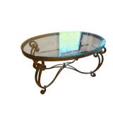 Oval Glass-Top Coffee Table with Iron Scrollwork Base - 44 x 30 x 24 1/2 Inches