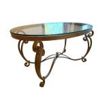 Oval Glass-Top Coffee Table with Iron Scrollwork Base - 44 x 30 x 24 1/2 Inches