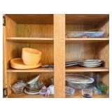Assorted Dinnerware, Glassware & Crystal in Oak Cabinet