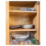 Assorted Dinnerware, Glassware & Crystal in Oak Cabinet