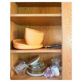 Assorted Dinnerware, Glassware & Crystal in Oak Cabinet