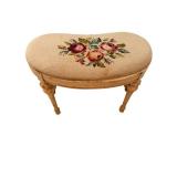 Vintage Floral Needlepoint Round Footstool with Carved Wood Legs