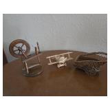 3 Vintage mini wooden figures- spinning wheel, biplane, buggy