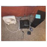 Assortment of electronic devices- DVD player w/speakers, small fan, router, etc...