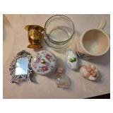 Assortment of bathroom trinkets- Ceramic ring/earring holders, vintage perfume bottle, etc....