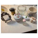 Assortment of bathroom trinkets- Ceramic ring/earring holders, vintage perfume bottle, etc....