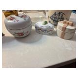 Assortment of bathroom trinkets- Ceramic ring/earring holders, vintage perfume bottle, etc....