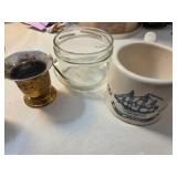 Assortment of bathroom trinkets- Ceramic ring/earring holders, vintage perfume bottle, etc....