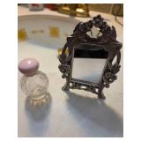 Assortment of bathroom trinkets- Ceramic ring/earring holders, vintage perfume bottle, etc....