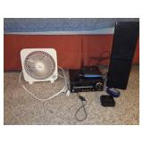 Assortment of electronic devices- DVD player w/speakers, small fan, router, etc...