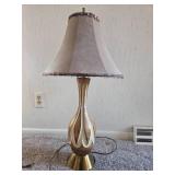 Vintage Brass lamp with Feather rimmed lamp shade