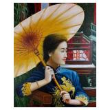 Framed Oil Painting on Canvas- Chinese Women with Parasol