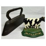 Cast Iron Wright Studios Cow Doorstop and Cast Iron Antique Sad Iron No 16