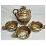 Handmade Studio Pottery Soup Tureen with Ladle and 3 Soup Mugs