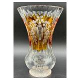 Vintage Bohemian Amber Cut to Clear Crystal Vase Etched Floral Vase