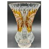 Vintage Bohemian Amber Cut to Clear Crystal Vase Etched Floral Vase